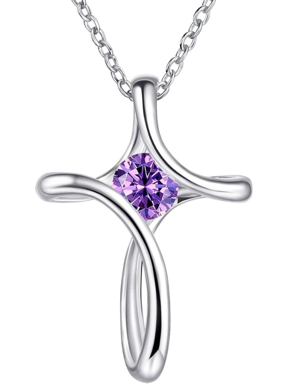 Women's Purple Diamond Sideways Sterling Silver Birthstone Cross Chain Necklace